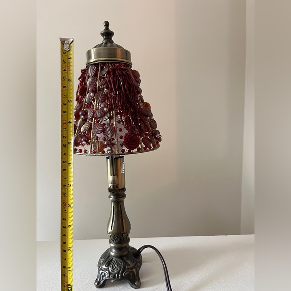 Vintage Red Glass Beaded Table Lamp with Bronze Base - Picture 6 of 6
